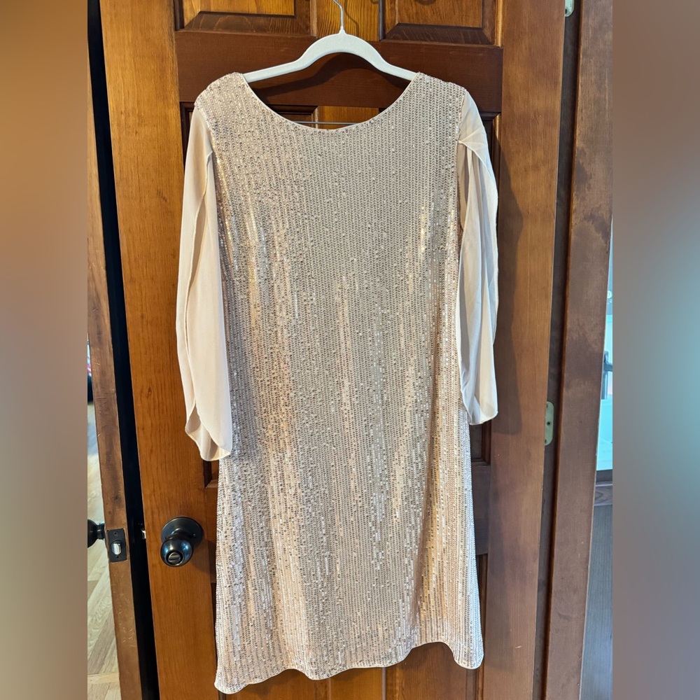 Sequin Shift Dress with Cream Long Sleeves - Elegant Evening